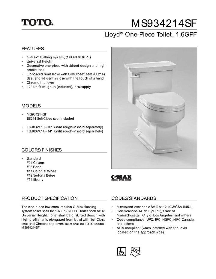 TOTO Lloyd 6 LPF/1.6 GPF One Piece Elongated Bowl MS934214SF-01 Cotton
