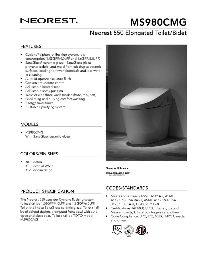TOTO Neorest 1.6 GPF / 1.05GPF One Piece Elongated Bowl MS980CMG-01 Cotton