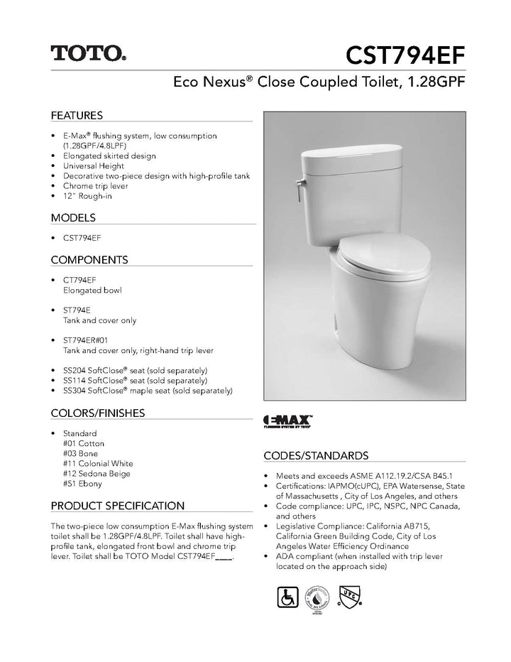 TOTO Eco Nexus 1.28GPF/4.8LPF Elongated Two Piece Bowl CST794EF-51 Ebony