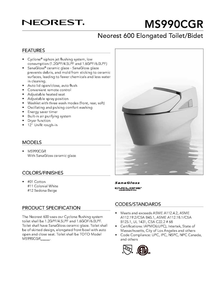 TOTO Neorest 6 LPF/1.6 GPF One Piece Elongated Bowl MS990CGR-01 Cotton