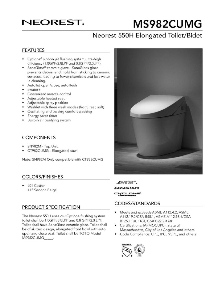 TOTO Neorest 1.0 GPF & 0.8 GPF One Piece Elongated Bowl MS982CUMG-01 Cotton