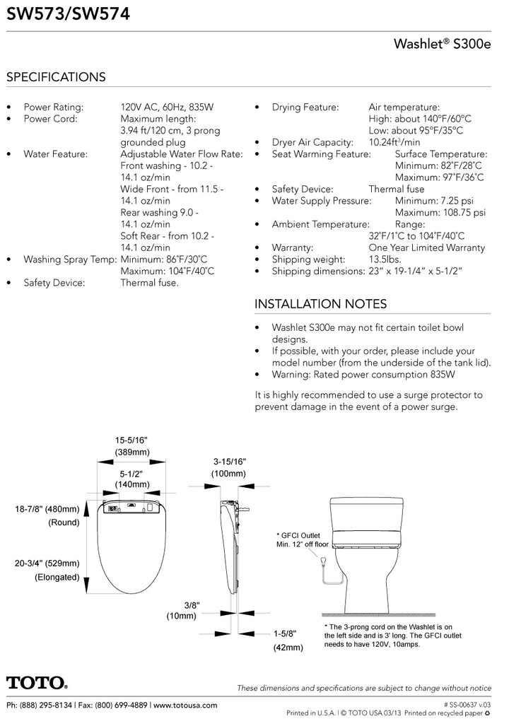 TOTO SW574#12 Washlet S300e Toilet Seat Elongated with E-Water+,