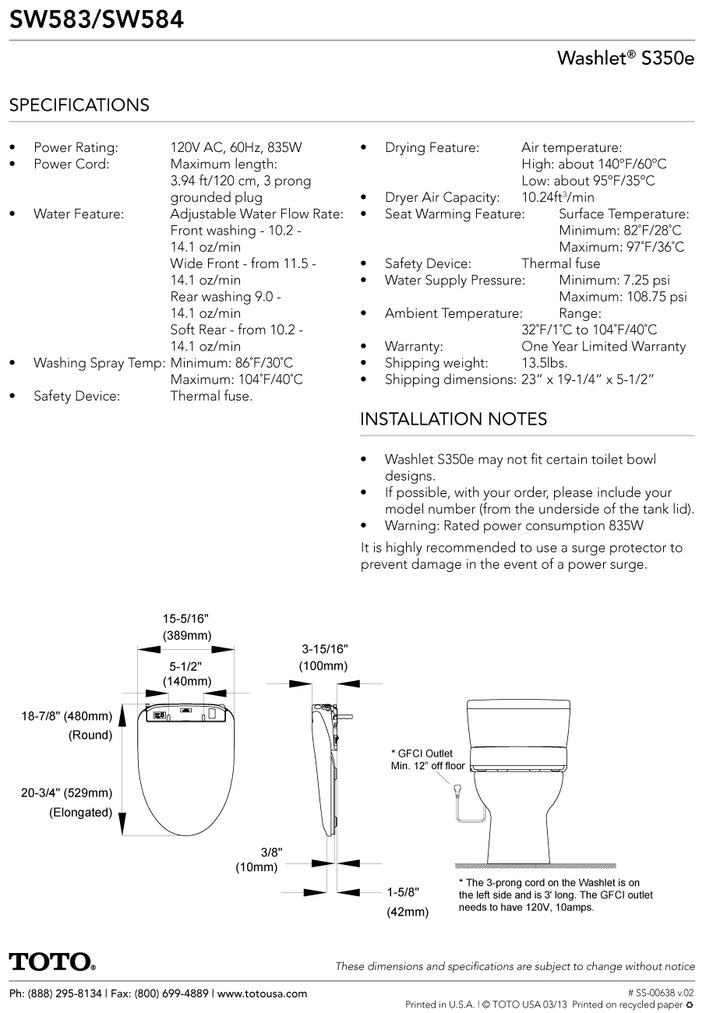 TOTO SW584#01 Washlet S350e Toilet Seat Elongated with E-Water+,